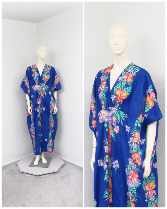 Vintage 70s Blue Floral Caftan Dress, Hawaiian Caf