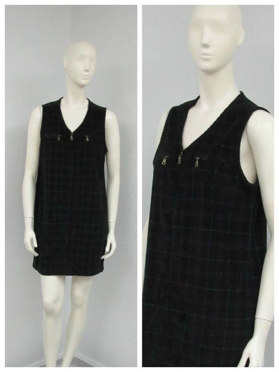 Vintage 90s Black Plaid Jumper Dress, Corduroy Jum