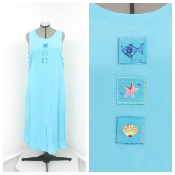 Vintage 90s Blue Jumper Dress, Fish Starfish Shell Ocean Nautical Dress, Overall Jumper, Overall Dress, Boho Maxi Dress, Beach Dress