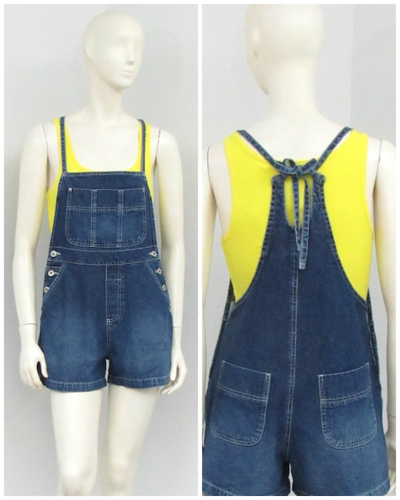 Vintage 90s Denim Short Overalls, Tie Back Overall