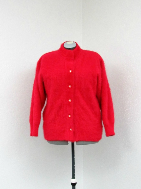 Vintage 80s Plus Size Red Angora Sweater, Cardigan