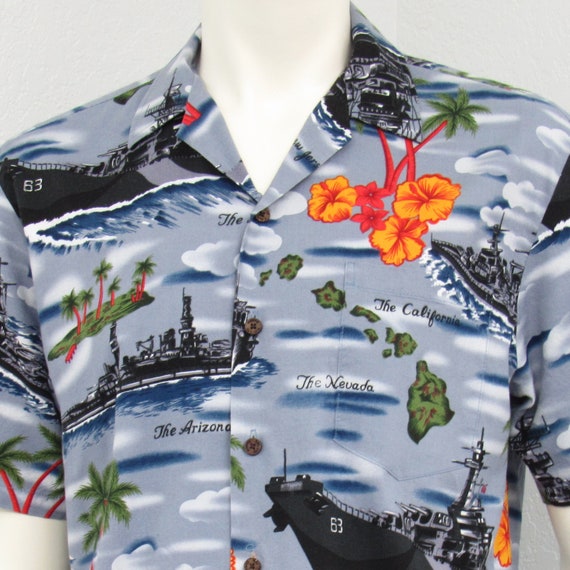 Vintage Kalaheo Gray Hawaiian Shirt, USS Arizona … - image 3