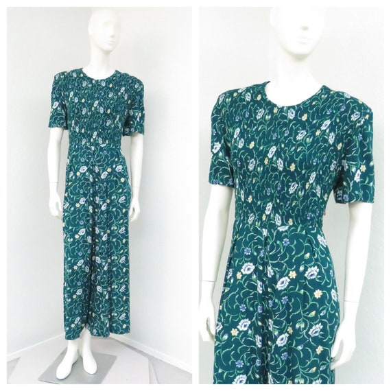 Vintage 90s Green Floral Jumpsuit, Plus Size Jump… - image 1