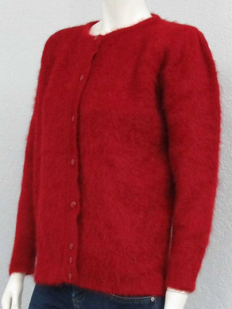 Fuzzy Cardigan Angora Sweater Oversized Cardigan Puff Sleeve Cardigan Christmas Sweater Vintage 80s Red Cardigan Sweater Knit Cardigan