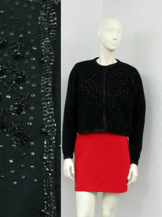 Vintage 80s Does 50s Black Sequin Beaded Cardigan