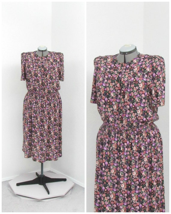 Vintage 80s Rayon Black Floral Dress, Plus Size Dr