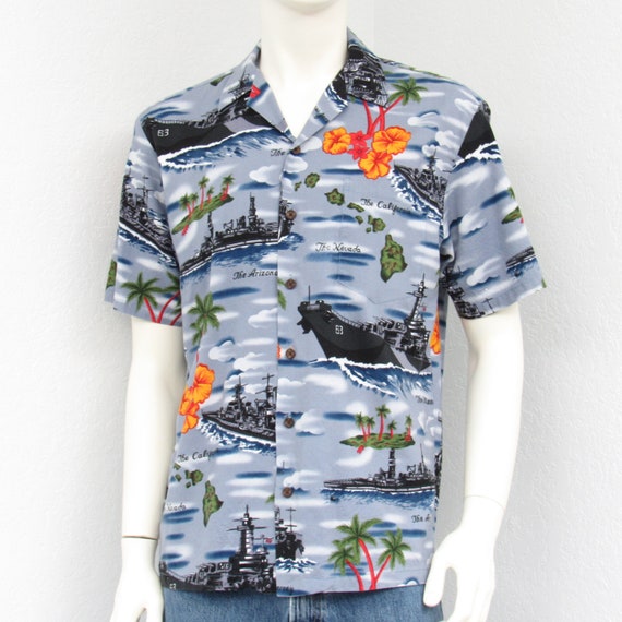 Vintage Kalaheo Gray Hawaiian Shirt, USS Arizona … - image 2