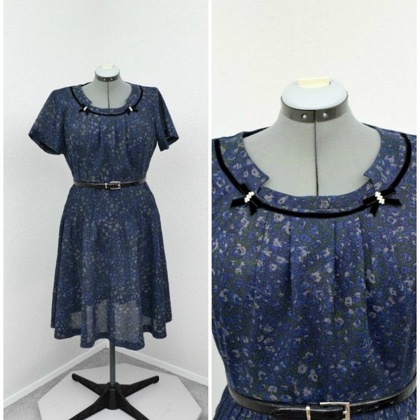 Vintage 50s Sheer Cotton Midnight Blue Floral Midi Dress, Day Dress, Rockabilly Dress, Short Sleeve Full Skirt Tea Length Dress