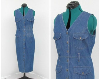 Vintage 90s Denim Dress, Midi Dress, Denim Jumper Dress, Blue Jean Dress, Fitted Dress, Shirt Dress, Casual Dress, Sleeveless Dress