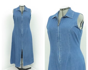 Robe en jean vintage des années 90, robe longue à col, robe en jean bleu, robe sans manches, robe fendue sur le devant avec fermeture éclair, robe décontractée, robe d'été