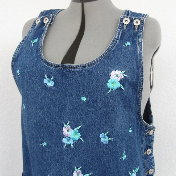 Vintage 90s Denim Jumper Dress, Embroidered Flora… - image 7