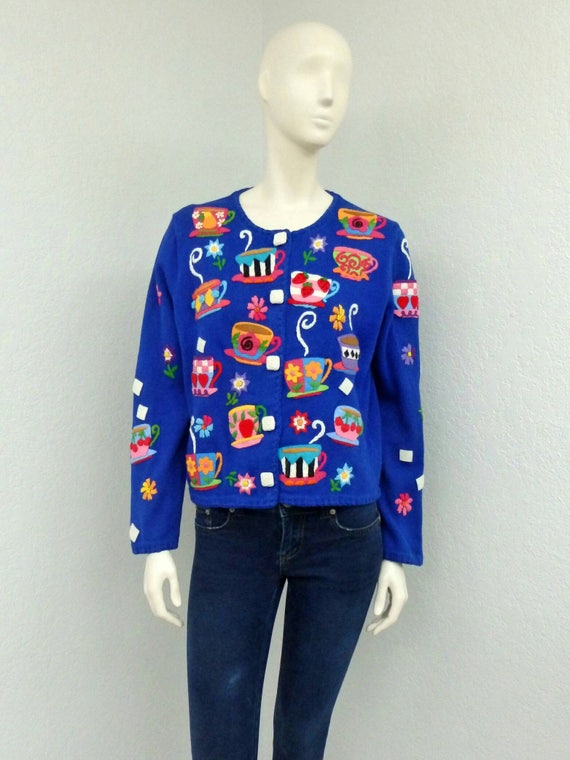 Vintage 90s Blue Cardigan Sweater, Teacup Tea Part