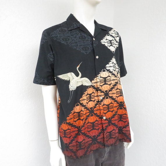 Vintage 70s Spire Black Hawaiian Shirt, Crane Cra… - image 3