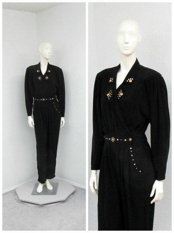 Vintage 80s Rio Black Jumpsuit, Studded Jumpsuit,