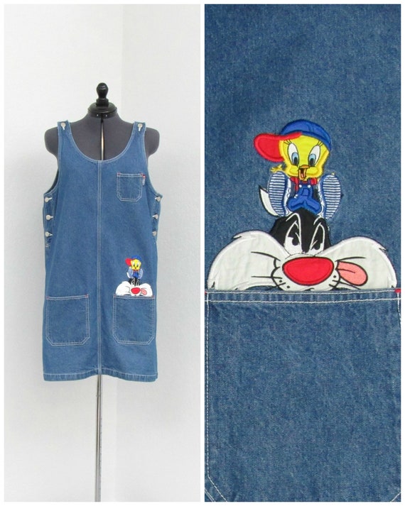 Vintage 90s Looney Tunes Denim Jumper Dress, Sylve
