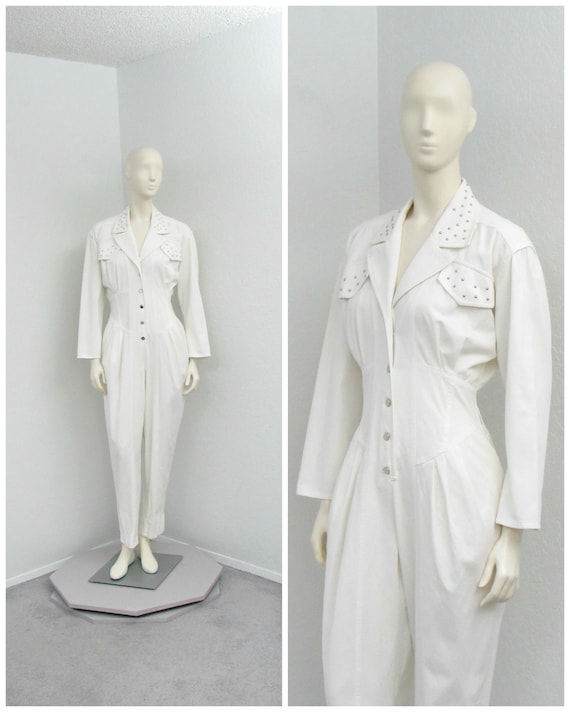 Vintage 80s White Jumpsuit, Studded Jumpsuit, Ones