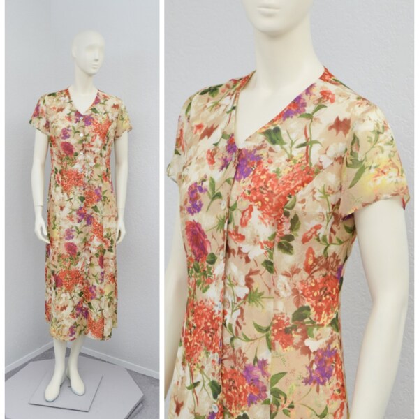 Vintage 90s Grunge NOS Coldwater Creek Tan Silk Chiffon Dress, Ecru Floral Midi Dress, A Line Dress, Tea Length Dress