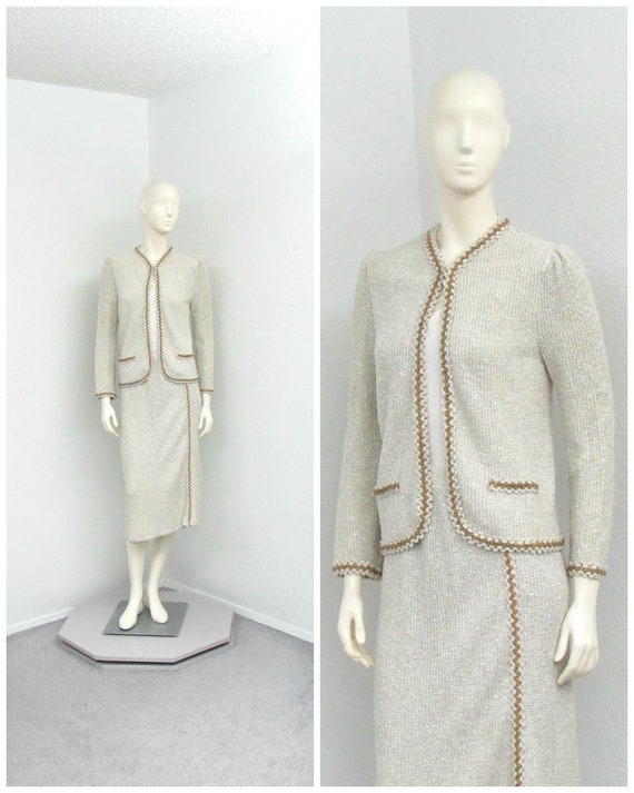 Vintage 70s Oscar De La Renta Ecru Knit Skirt Suit