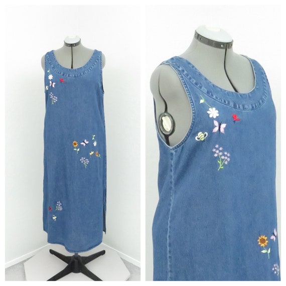 SprightlyVogue Vintage 90s Denim Jumper Dress, Embroidered Butterfly Bee Floral Jumper, Jean Jumper, Denim Dress, Maxi Dress, Overall Jumper, Overall Dress