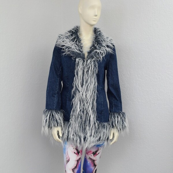 Vintage 90s Long Denim Jacket, Faux Fur Coat, Shaggy Fur Jacket, Oversized Jacket, Blue Jean Jacket