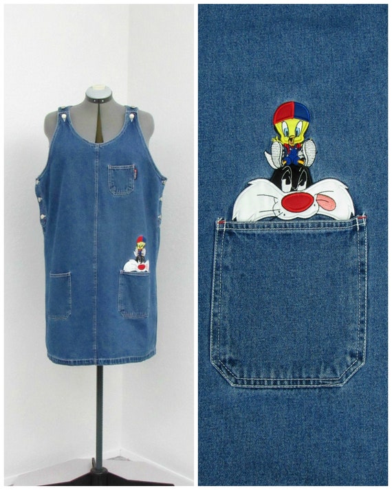 Vintage 90s Plus Size Looney Tunes Denim Jumper Dr