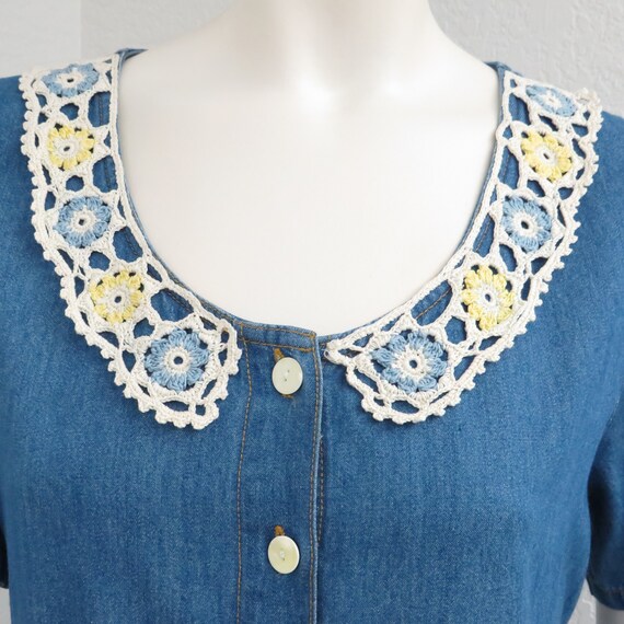 Vintage 90s Denim Dress, Crochet Peter Pan Collar… - image 3