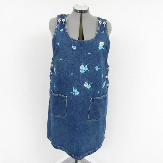 Vintage 90s Denim Jumper Dress, Embroidered Flora… - image 2