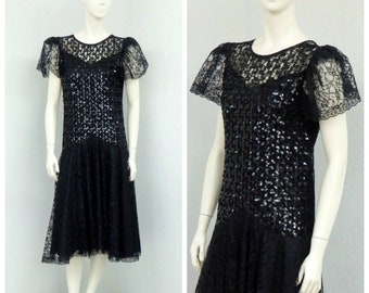 Vintage 80s does 20s Black Lace Dress, Sequin Dress, Flapper Dress, Drop Waist Dress, Midi Dress, Illusion Dress, 1920s Style Dress