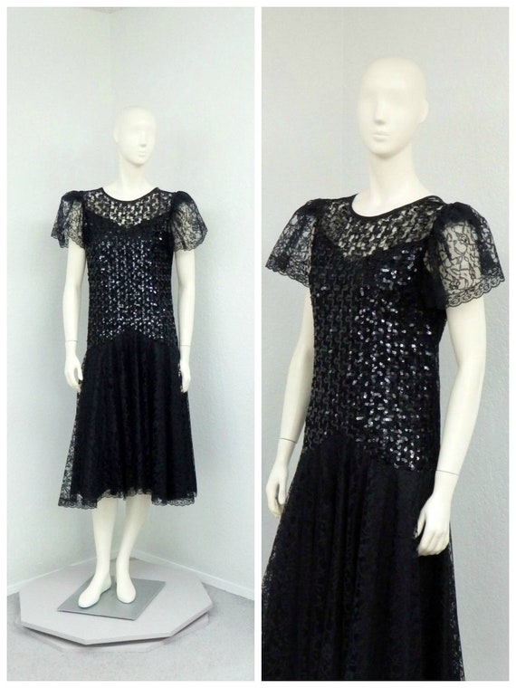 Vintage 80s does 20s Black Lace Dress, Sequin Dres