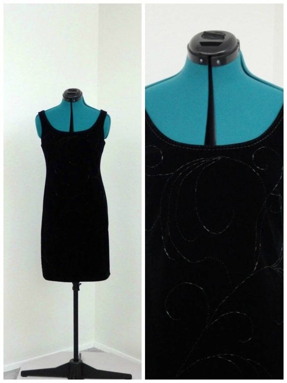 Vintage 90s Black Velvet Dress Beaded 