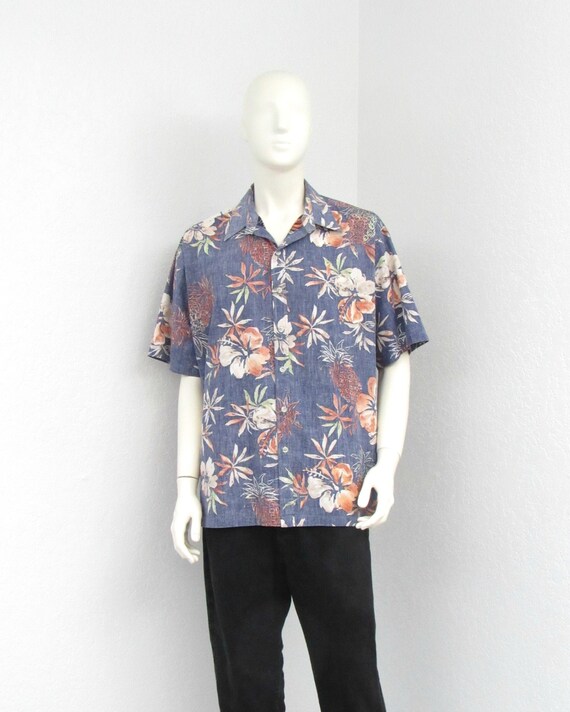 Vintage Tori Richard Dark Blue Hawaiian Shirt, Pin