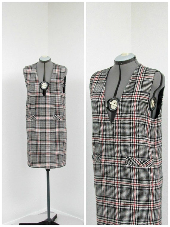 Vintage 90s Black and White Plaid Jumper Dress, Wo