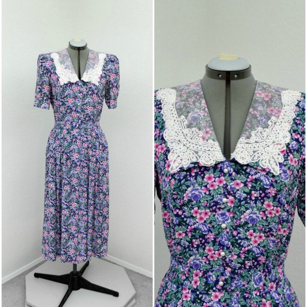 Vintage 80s Does 40s Karin Stevens Rayon Purple Floral Midi Dress, Embroidered Lace Collar, Puff Sleeve Dress, Pleated Dress, Summer Dress