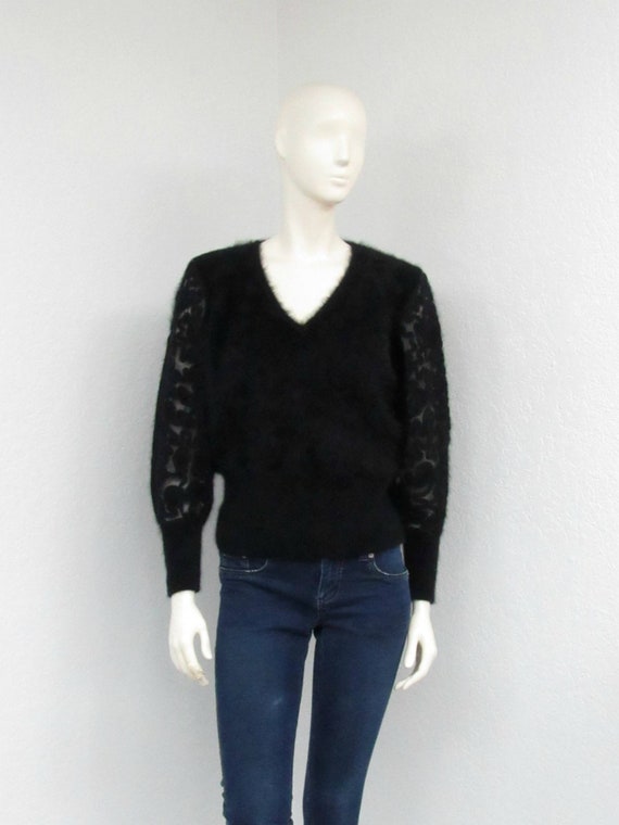 Vintage 80s Black Angora Sweater, Fuzzy Sweater, E
