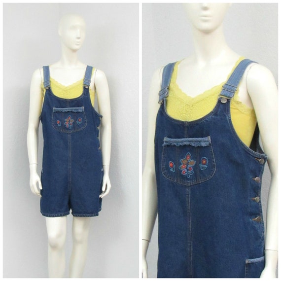 Vintage 90s Denim Overall Shorts, Embroidered Shor