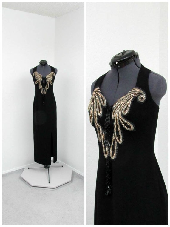 Vintage 80s Alyce Designs Petite Black Halter Dres