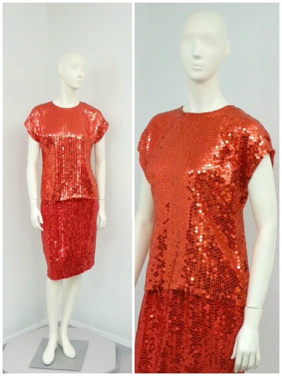 Vintage 90s Red Silk Sequin Skirt Set, Two Piece S