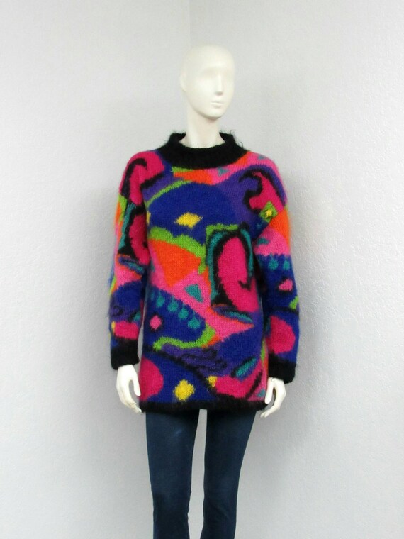 Vintage 80s Colorful Mohair Sweater, Geometric Swe