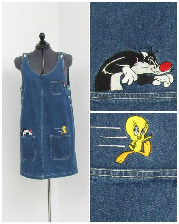 Vintage 90s Looney Tunes Denim Jumper Dress, Sylve