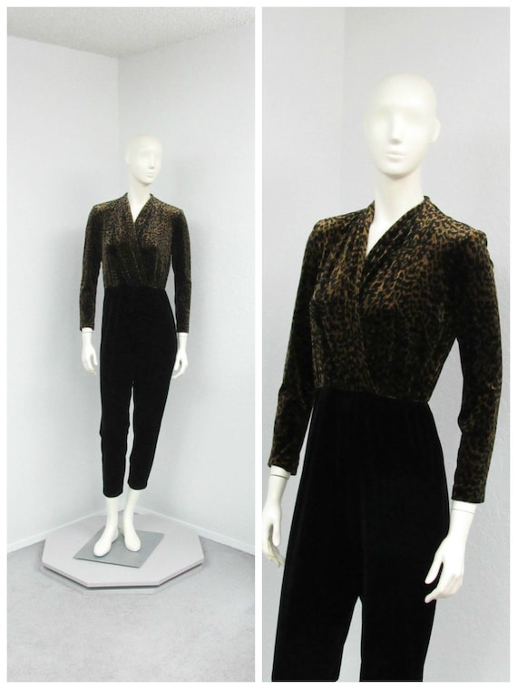 Vintage 90s Petite Leopard Print Velvet Jumpsuit,