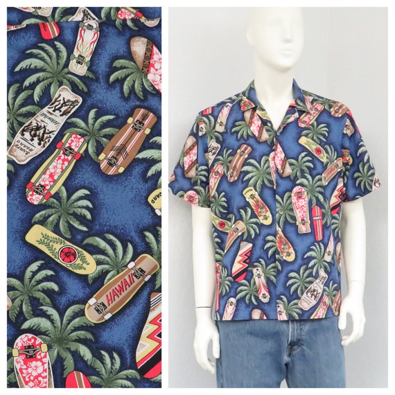 Vintage Hawaii Blue Hawaiian Shirt, Skateboard No… - image 1