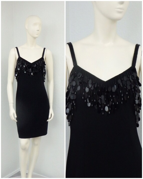 Vintage 80s Black Beaded Fringe Party Dress, Sequi
