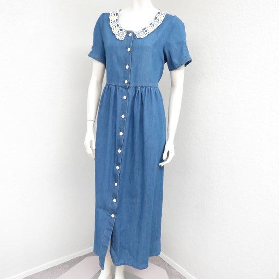 Vintage 90s Denim Dress, Crochet Peter Pan Collar… - image 5