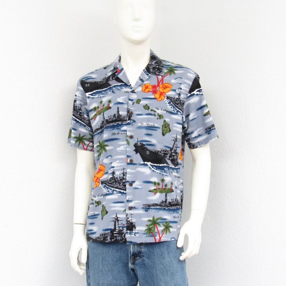 Vintage Kalaheo Gray Hawaiian Shirt, USS Arizona … - image 1