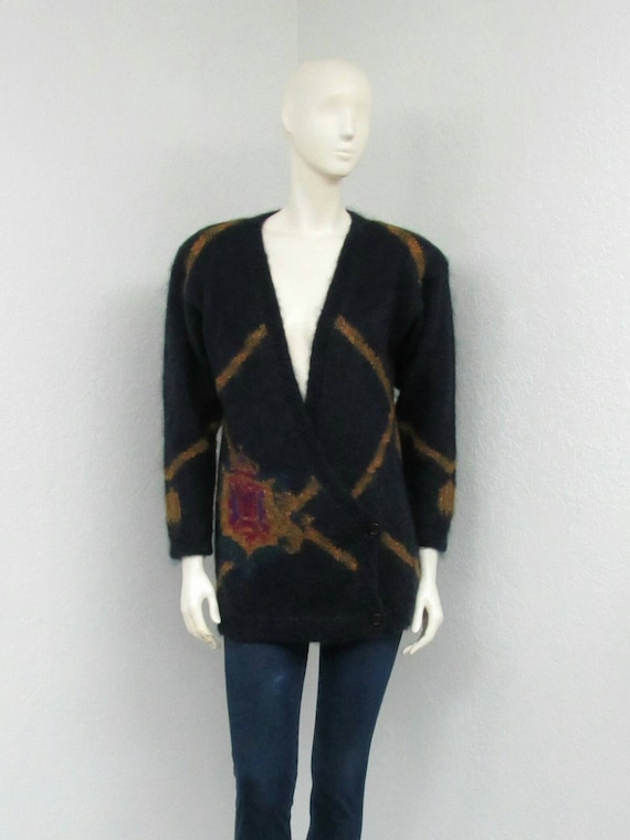 Vintage 80s Midnight Blue Cardigan Sweater, Mohair