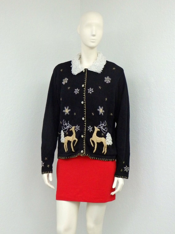 Vintage 90s Black Ugly Christmas Sweater, Cardigan