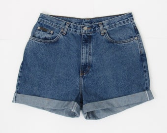 Short en jean taille haute Calvin Klein vintage des années 90, short à revers, short en jean bleu, short court, short taille haute taille haute, 32" taille