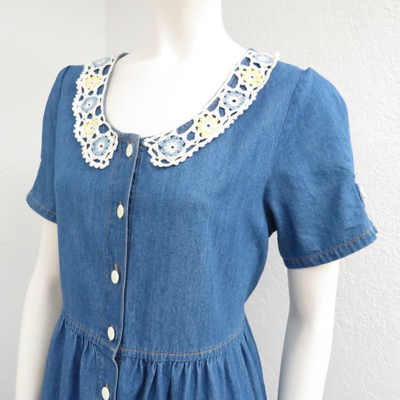 Vintage 90s Denim Dress, Crochet Peter Pan Collar… - image 4