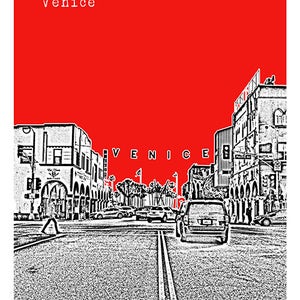 May include: A black and white illustration of a street scene in Venice, California. The image shows buildings, palm trees, cars, and people walking on the sidewalk. The text "VENICE" is written in large letters across the top of the image.
