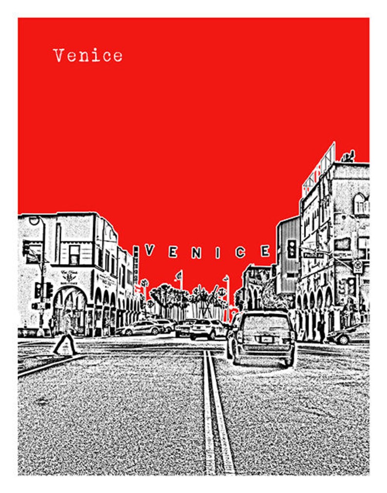 May include: A black and white illustration of a street scene in Venice, California. The image shows buildings, palm trees, cars, and people walking on the sidewalk. The text "VENICE" is written in large letters across the top of the image.
